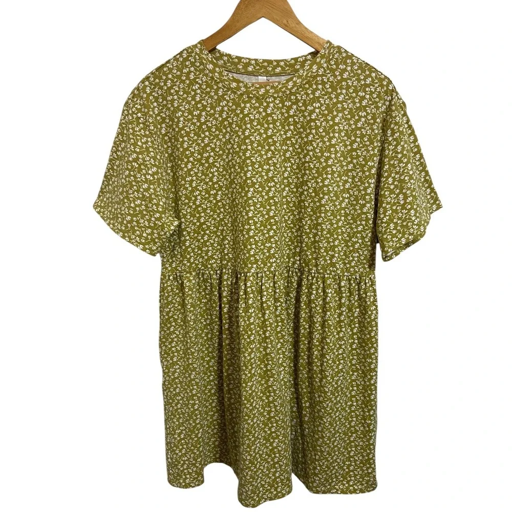 RVCA Olive Green Floral Babydoll Mini Dress Cottagecore Boho Festival Size Large - Picture 2 of 11